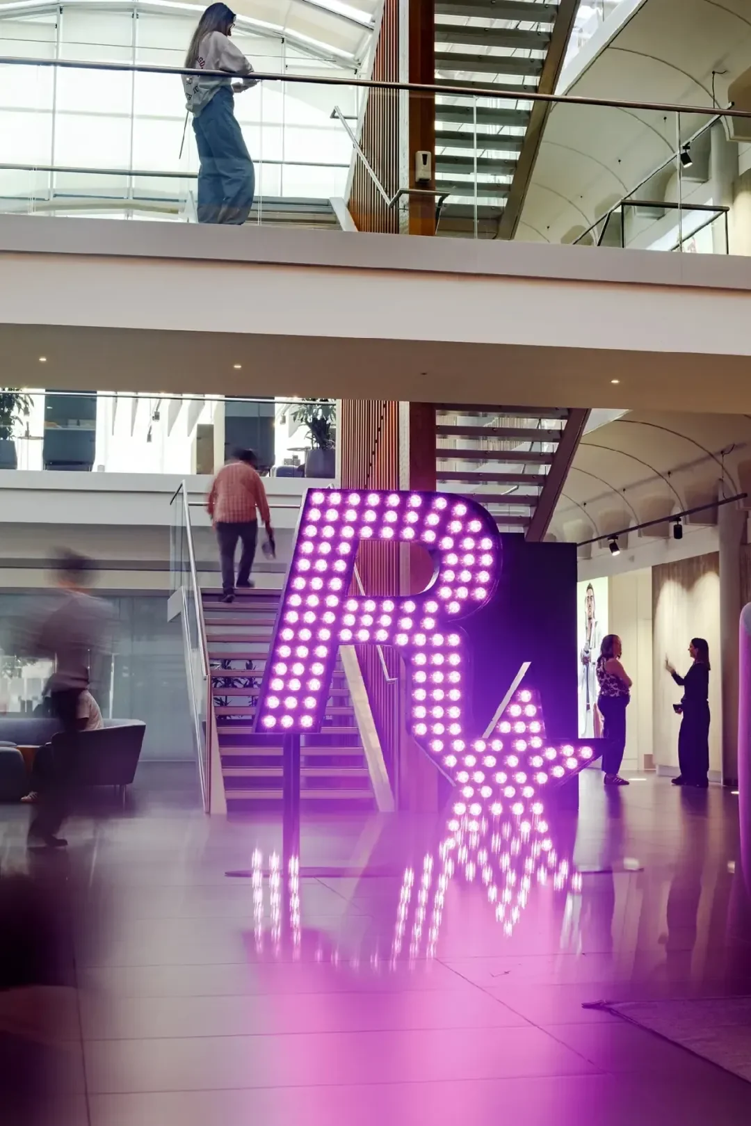 Purple Rockstar logo in the Rockstar North atrium