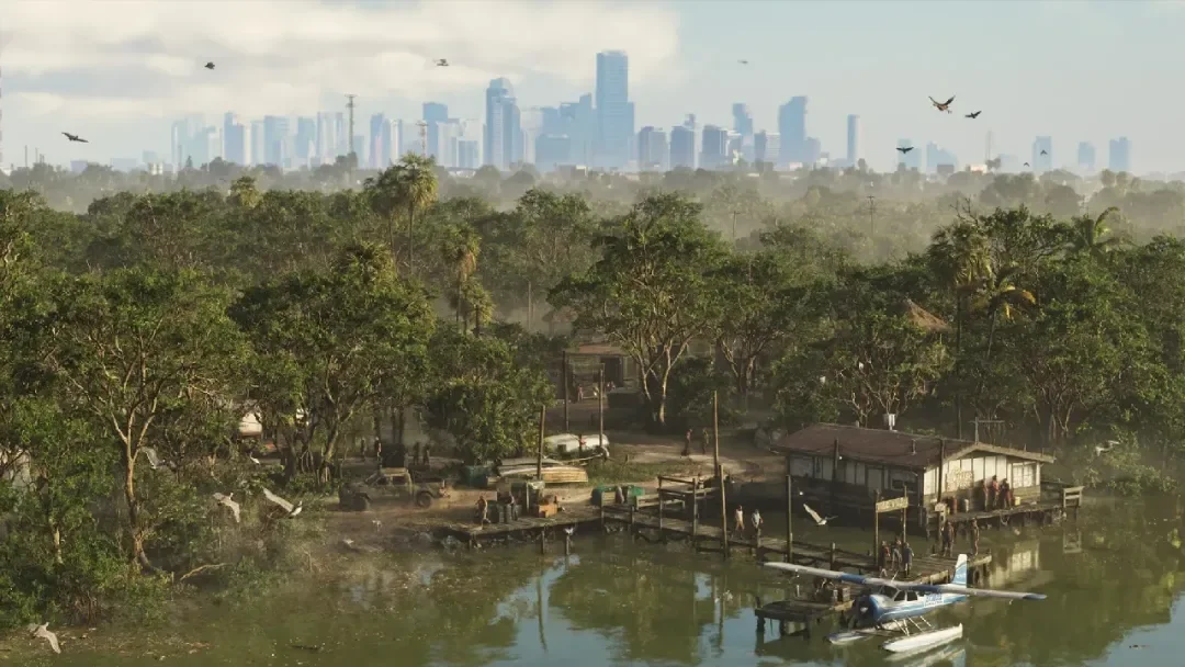 Wetlands and a distant city skyline in GTA 6
