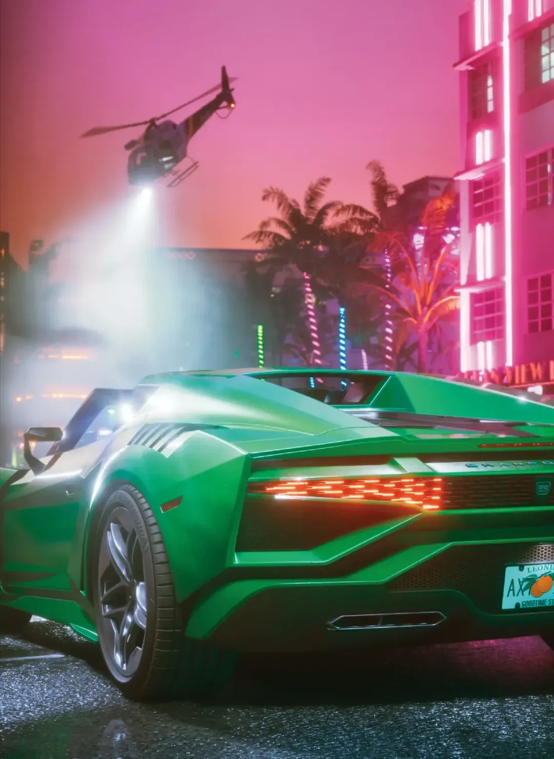 A green sports car on a neon-lit GTA 6 street