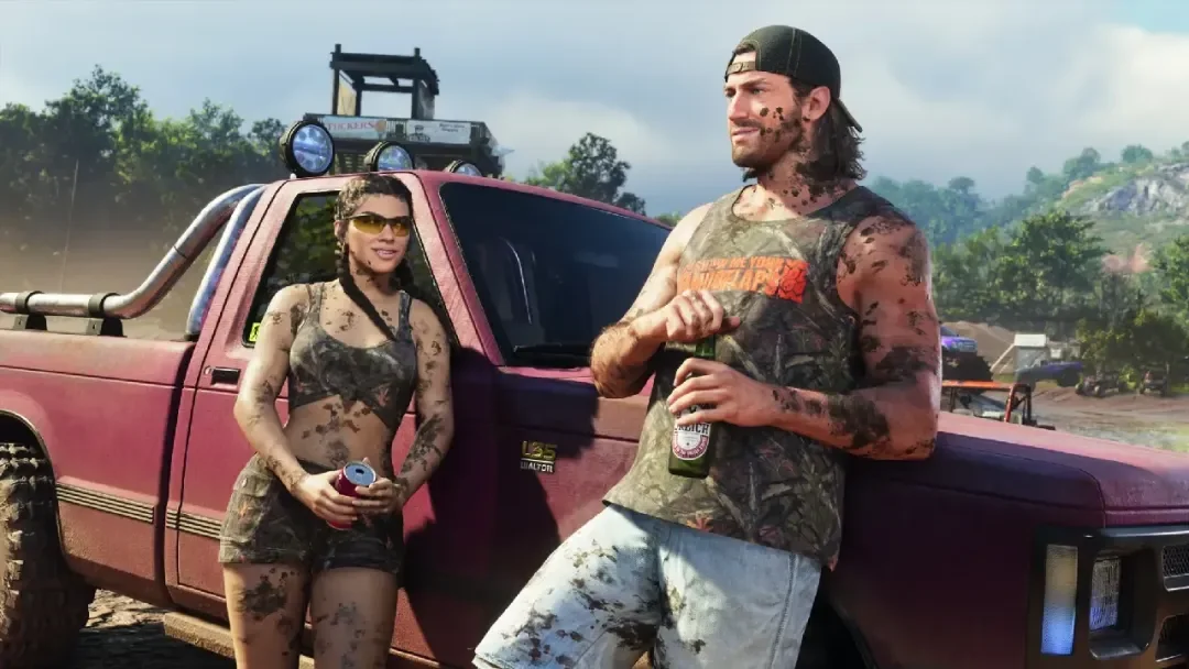Jason and Lucia beside a pickup truck in GTA 6