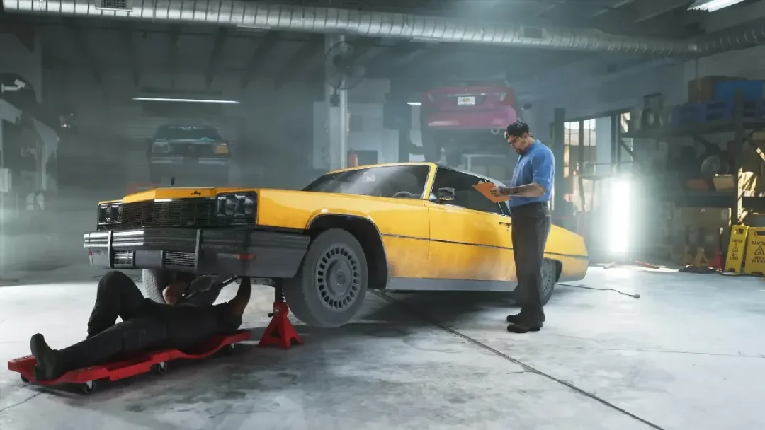 A yellow sports car and a mechanic in a GTA 6 garage